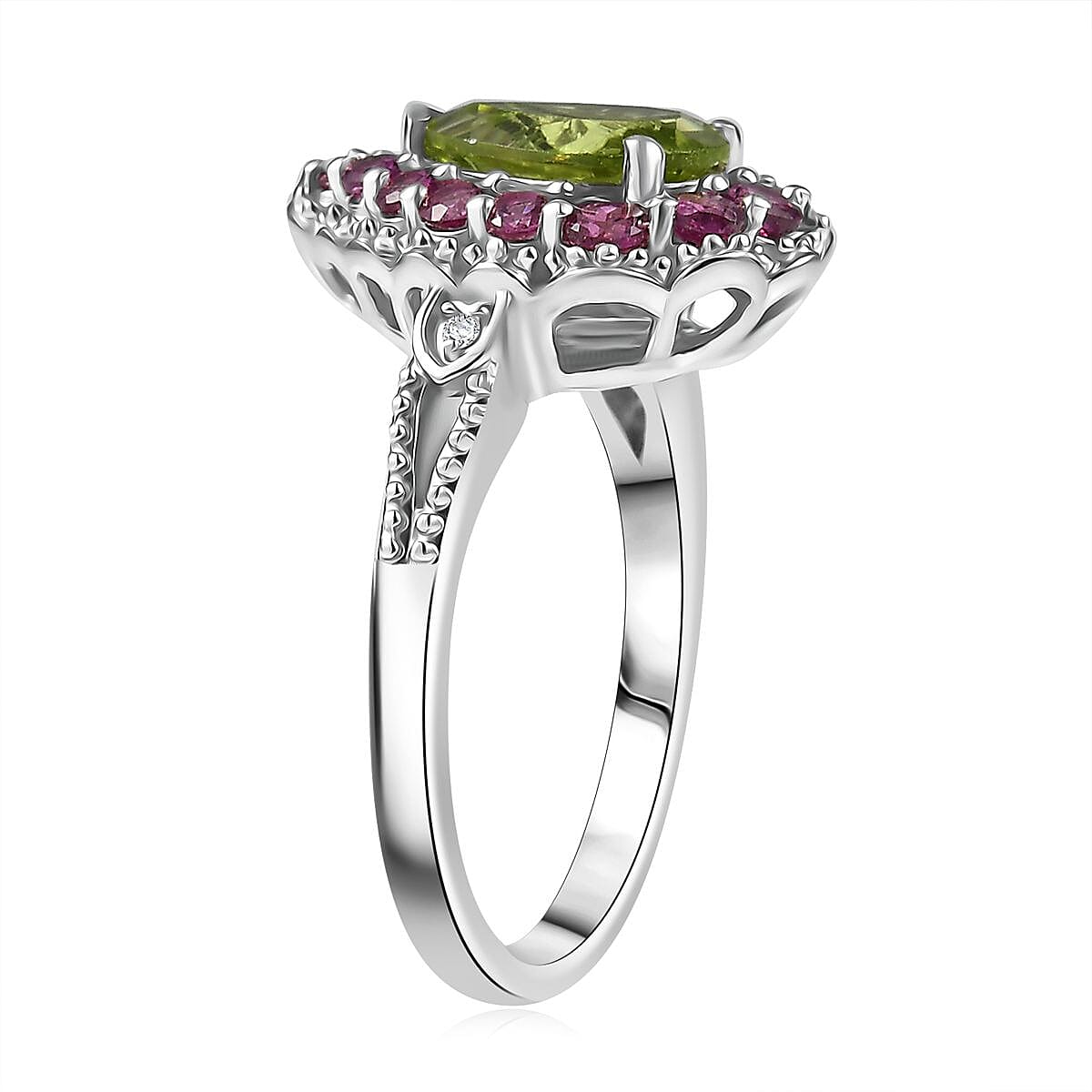 D'Joy Hebei Peridot and Multi Gemstone 2.60 ctw Blushing Dewdrop Ring in Rhodium Over Sterling Silver (Size 10.0) image number 3