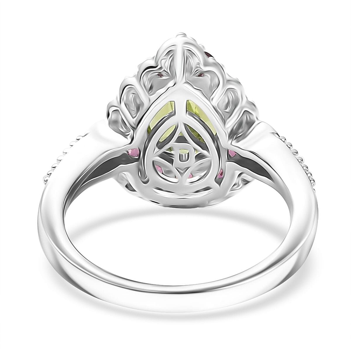 D'Joy Hebei Peridot and Multi Gemstone 2.60 ctw Blushing Dewdrop Ring in Rhodium Over Sterling Silver (Size 10.0) image number 4