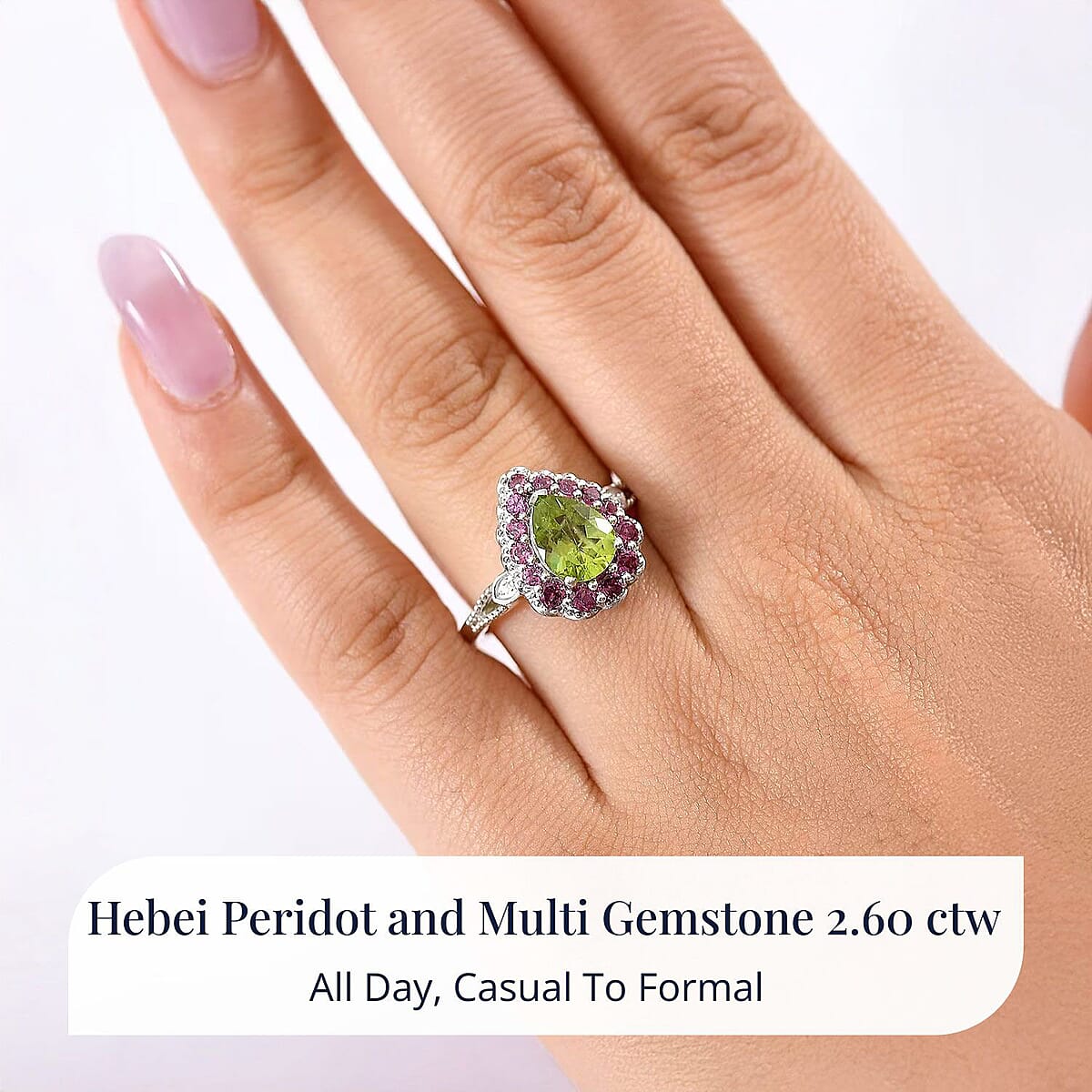 D'Joy Hebei Peridot and Multi Gemstone 2.60 ctw Blushing Dewdrop Ring in Rhodium Over Sterling Silver (Size 5.0) image number 1