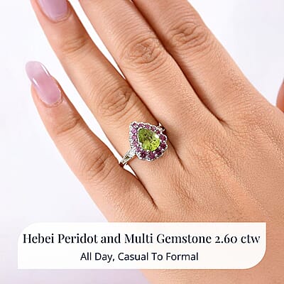 D'Joy Hebei Peridot, Multi Gemstone Floral Halo Ring in Rhodium Over Sterling Silver 2.60 ctw (Size 5.0)