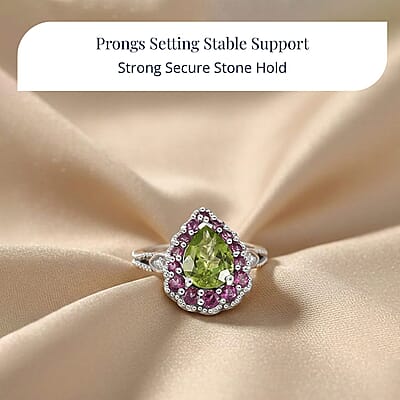 D'Joy Hebei Peridot, Multi Gemstone Floral Halo Ring in Rhodium Over Sterling Silver 2.60 ctw (Size 6.0)
