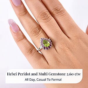 D'Joy Hebei Peridot, Multi Gemstone Floral Halo Ring in Rhodium Over Sterling Silver 2.60 ctw (Size 7.0)