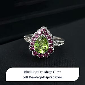 D'Joy Hebei Peridot, Multi Gemstone Floral Halo Ring in Rhodium Over Sterling Silver 2.60 ctw (Size 7.0)