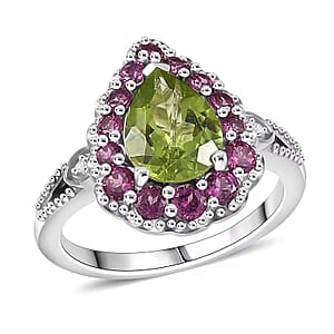 D'Joy Hebei Peridot and Multi Gemstone 2.60 ctw Blushing Dewdrop Ring in Rhodium Over Sterling Silver (Size 9.0)