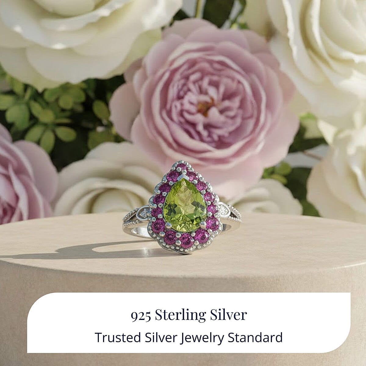 D'Joy Hebei Peridot and Multi Gemstone 2.60 ctw Blushing Dewdrop Ring in Rhodium Over Sterling Silver (Size 9.0) image number 4