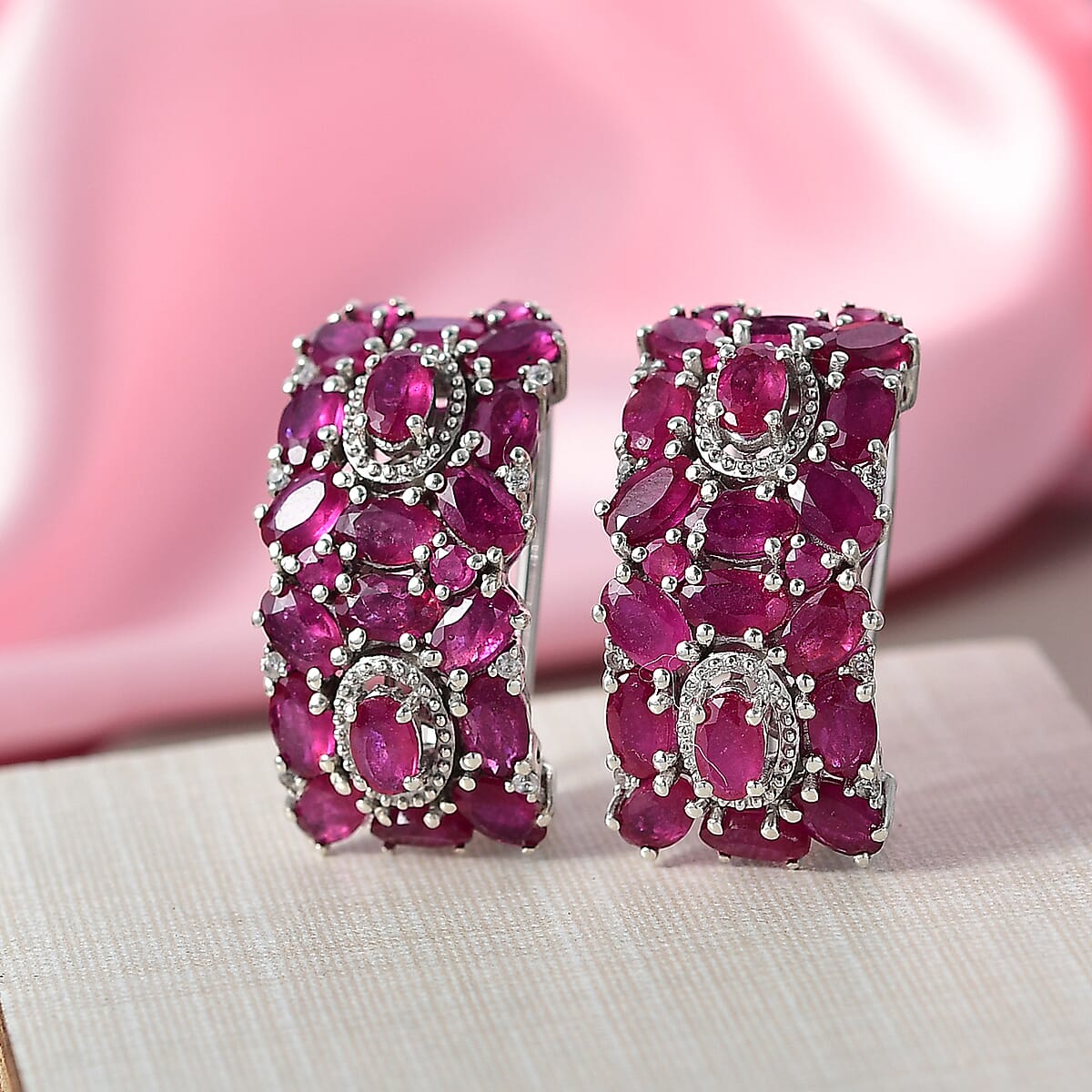 Doorbuster D'Joy Niassa Ruby (FF) and White Zircon 13.25 ctw Art Deco Earrings in Rhodium Over Sterling Silver image number 1