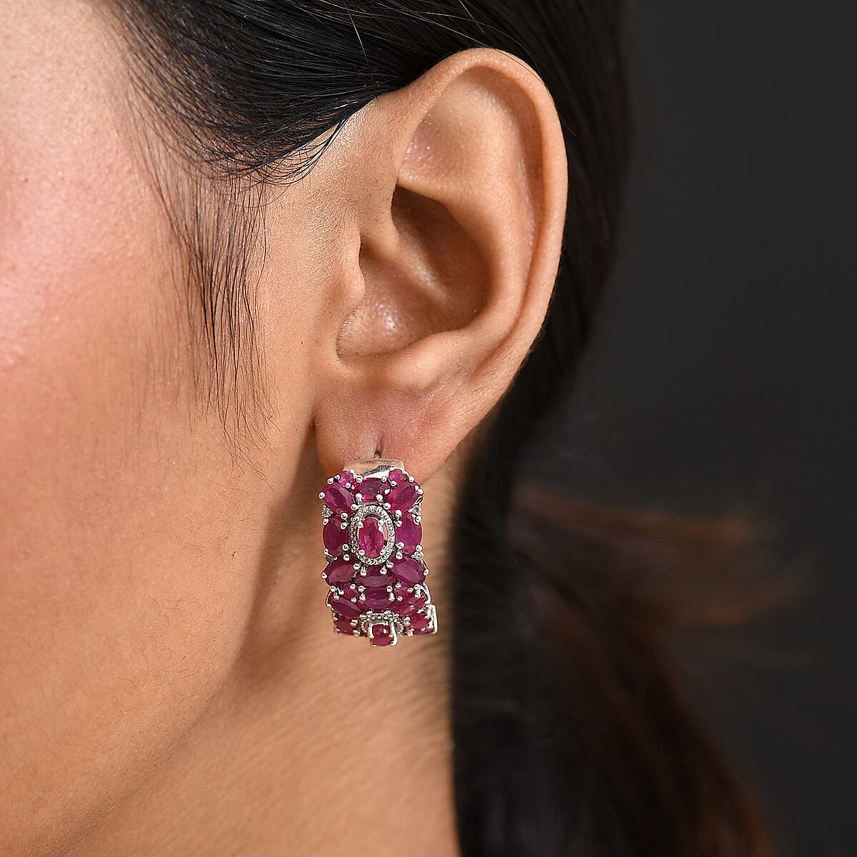 Doorbuster D'Joy Niassa Ruby (FF) and White Zircon 13.25 ctw Art Deco Earrings in Rhodium Over Sterling Silver image number 2