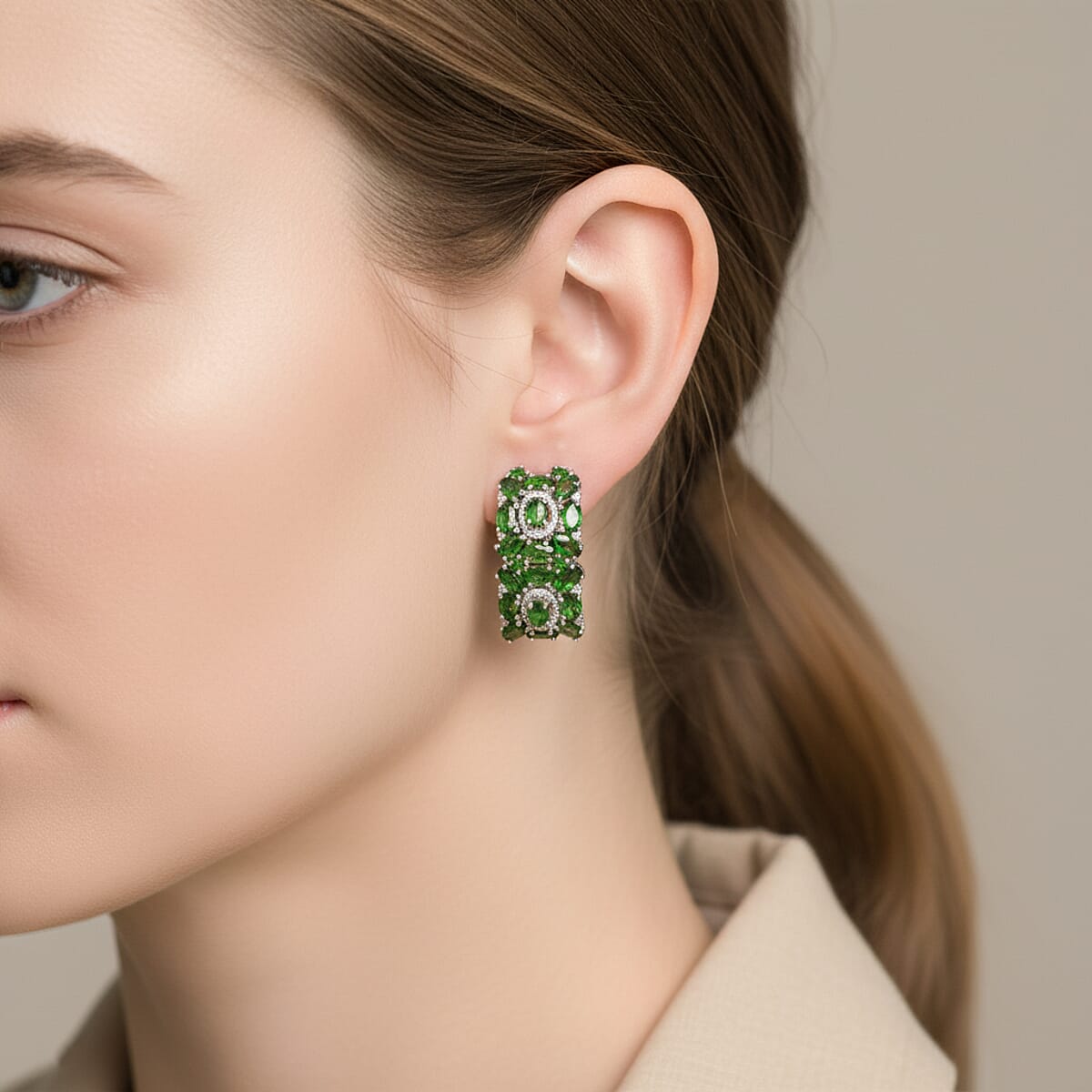 Doorbuster D'Joy Chrome Diopside and White Zircon 9.30 ctw Art Deco Earrings in Rhodium Over Sterling Silver image number 2