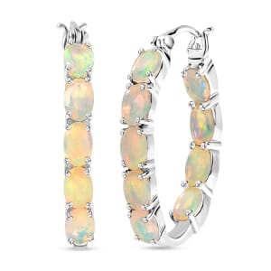 D'Joy Premium Ethiopian Welo Opal 5.40 ctw Aurora Glow Hoop Earrings in Rhodium Over Sterling Silver