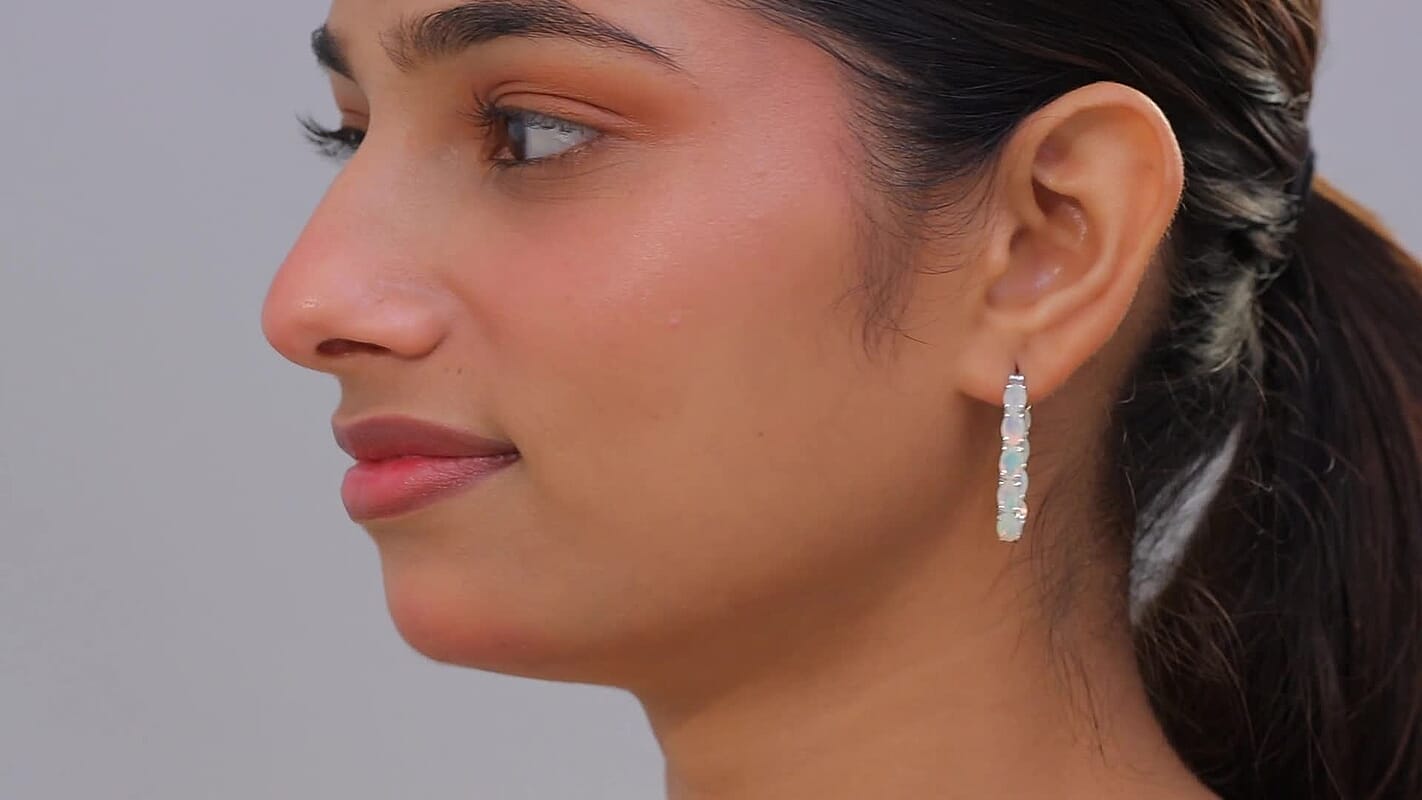 D'Joy Premium Ethiopian Welo Opal 5.40 ctw Aurora Glow Hoop Earrings in Rhodium Over Sterling Silver
