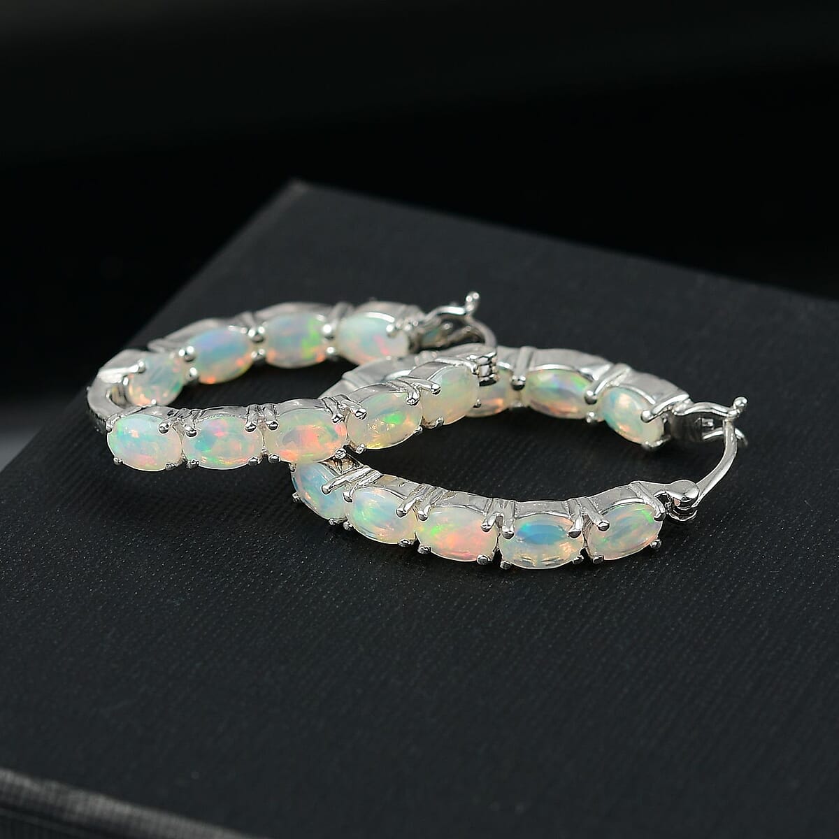 D'Joy Premium Ethiopian Welo Opal 5.40 ctw Aurora Glow Hoop Earrings in Rhodium Over Sterling Silver image number 1