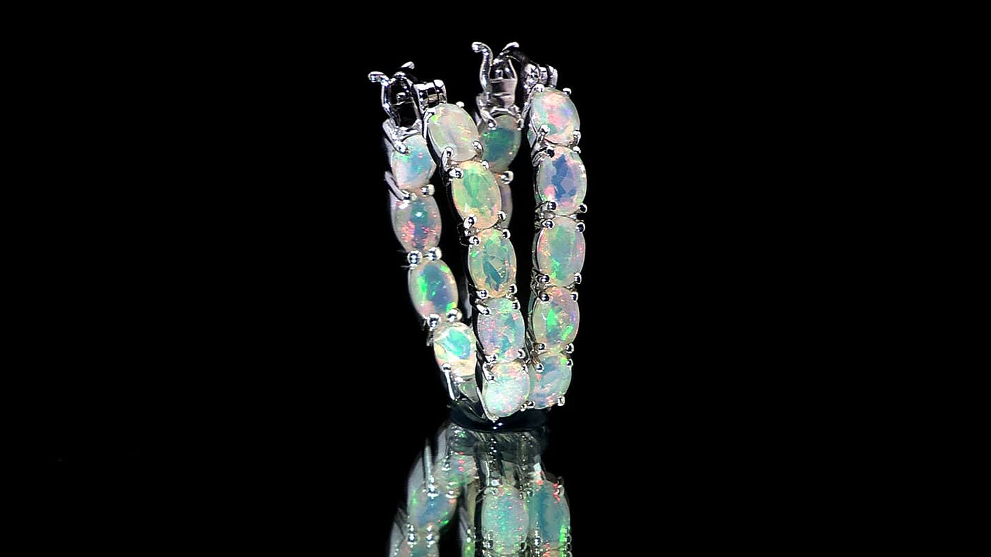 D'Joy Premium Ethiopian Welo Opal 5.40 ctw Aurora Glow Hoop Earrings in Rhodium Over Sterling Silver