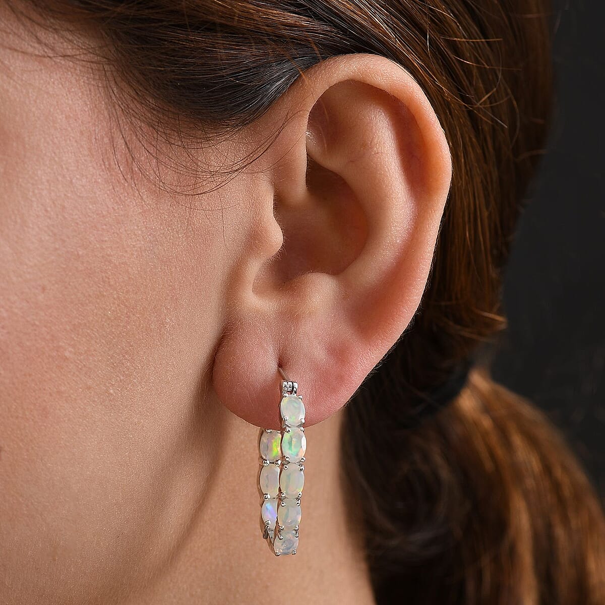 D'Joy Premium Ethiopian Welo Opal 5.40 ctw Aurora Glow Hoop Earrings in Rhodium Over Sterling Silver image number 2