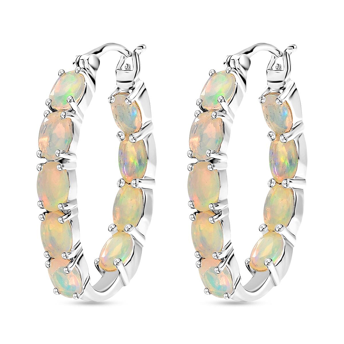 D'Joy Premium Ethiopian Welo Opal 5.40 ctw Aurora Glow Hoop Earrings in Rhodium Over Sterling Silver image number 3