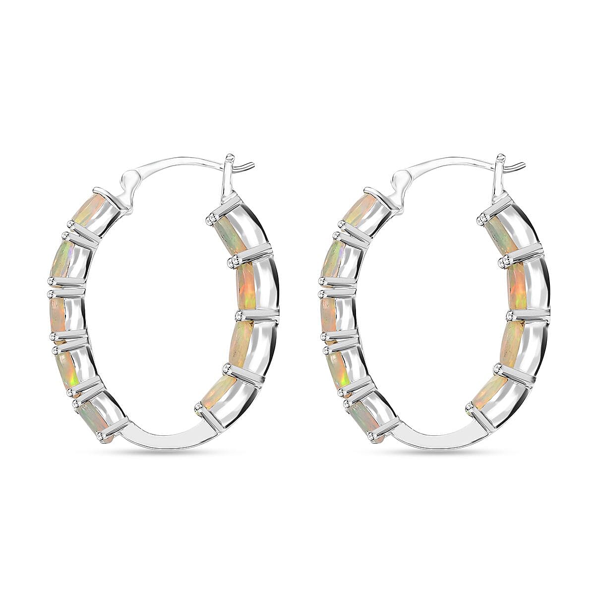 D'Joy Premium Ethiopian Welo Opal 5.40 ctw Aurora Glow Hoop Earrings in Rhodium Over Sterling Silver image number 4