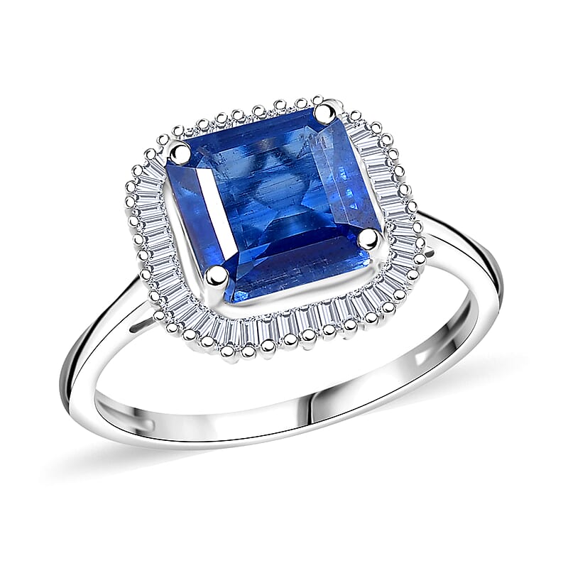 D'Joy Asscher Cut Premium Kashmir Kyanite and Diamond 3.40 ctw Art Deco Ring in Rhodium Over Sterling Silver (Size 10.0)