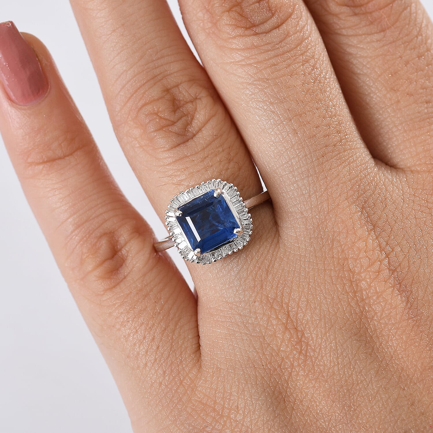 D'Joy Asscher Cut Premium Kashmir Kyanite and Diamond 3.40 ctw Art Deco Ring in Rhodium Over Sterling Silver (Size 10.0)