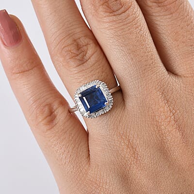 D'Joy Asscher Cut Premium Kashmir Kyanite and Diamond 3.40 ctw Art Deco Ring in Rhodium Over Sterling Silver (Size 10.0)