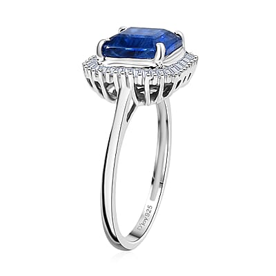 D'Joy Asscher Cut Premium Kashmir Kyanite and Diamond 3.40 ctw Art Deco Ring in Rhodium Over Sterling Silver (Size 10.0)