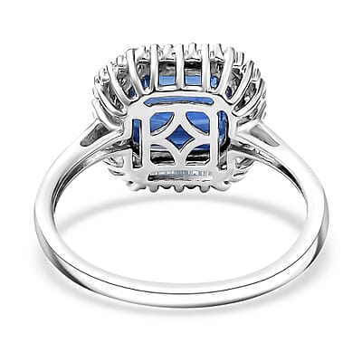 D'Joy Asscher Cut Premium Kashmir Kyanite and Diamond 3.40 ctw Art Deco Ring in Rhodium Over Sterling Silver (Size 10.0)