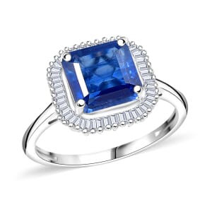 D’Joy Asscher Cut Premium Nilamani and Diamond 3.40 ctw Ring in Rhodium Over Sterling Silver (Size 7.0) 