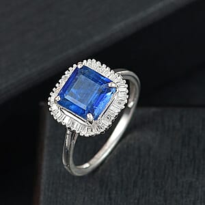 D'Joy Asscher Cut Premium Kashmir Kyanite and Diamond 3.40 ctw Art Deco Ring in Rhodium Over Sterling Silver (Size 7.0) 
