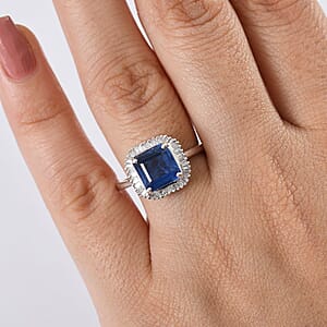 D'Joy Asscher Cut Premium Kashmir Kyanite and Diamond 3.40 ctw Art Deco Ring in Rhodium Over Sterling Silver (Size 7.0) 