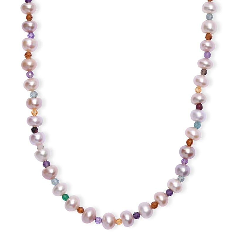 Multi Color Freshwater Pearl and Multi Gemstone 10.00 tw Necklace 18 Inches in Rhodium Over Sterling Silver