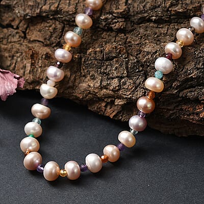 Multi Color Freshwater Pearl and Multi Gemstone 10.00 tw Necklace 18 Inches in Rhodium Over Sterling Silver