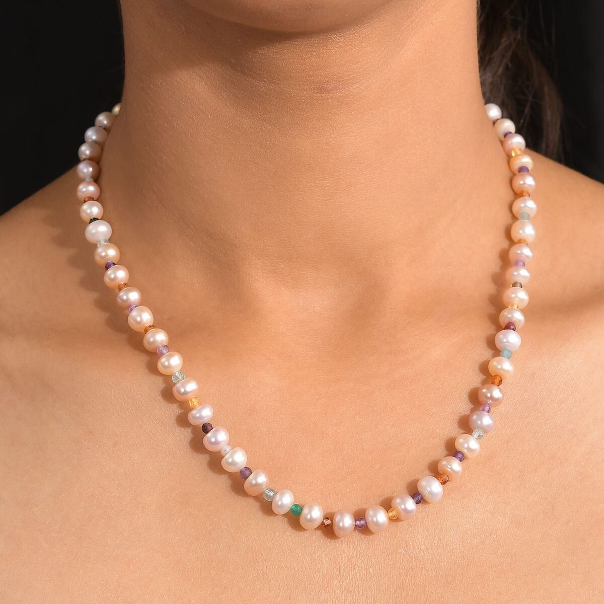 Multi Color Freshwater Pearl and Multi Gemstone 10.00 tw Necklace 18 Inches in Rhodium Over Sterling Silver image number 2