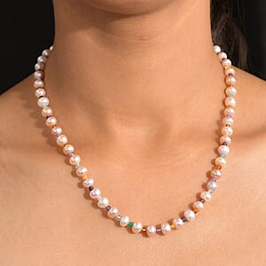 Multi Color Freshwater Pearl and Multi Gemstone 10.00 tw Necklace 18 Inches in Rhodium Over Sterling Silver
