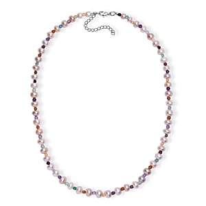 Multi Color Freshwater Pearl and Multi Gemstone 10.00 tw Necklace 18 Inches in Rhodium Over Sterling Silver