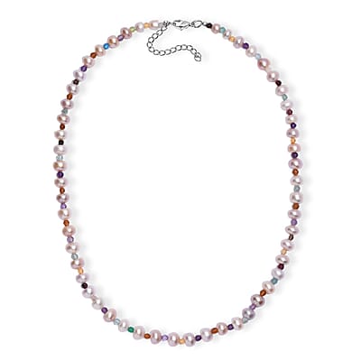 Multi Color Freshwater Pearl and Multi Gemstone 10.00 tw Necklace 18 Inches in Rhodium Over Sterling Silver