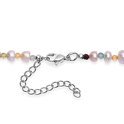 Multi Color Freshwater Pearl and Multi Gemstone 10.00 tw Necklace 18 Inches in Rhodium Over Sterling Silver
