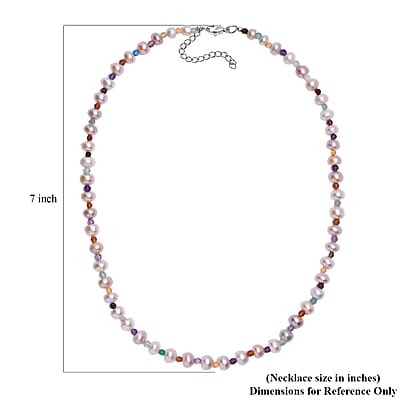 Multi Color Freshwater Pearl and Multi Gemstone 10.00 tw Necklace 18 Inches in Rhodium Over Sterling Silver