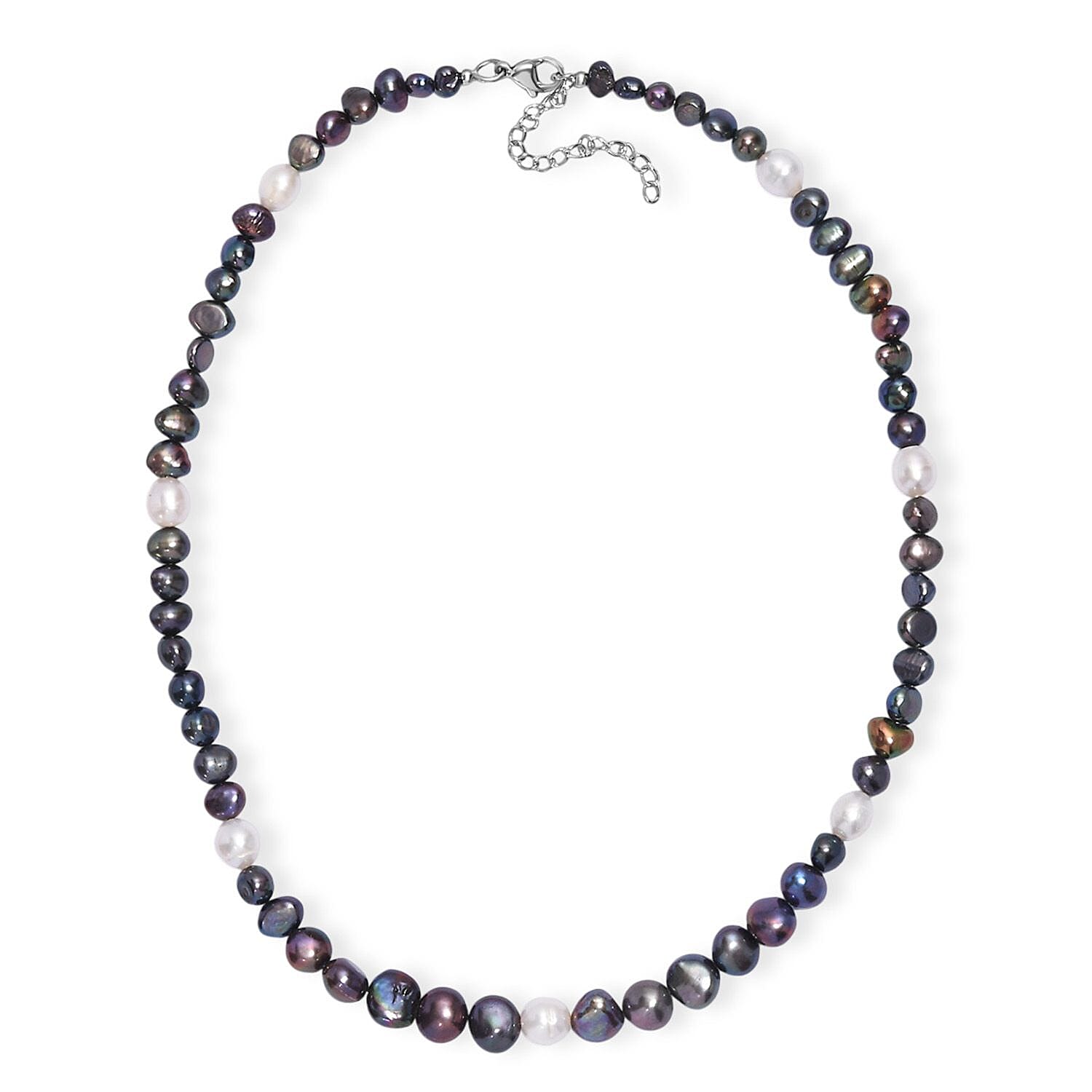 Peacock Dyed Pearl and Freshwater Pearl Necklace 18 Inches in Stainless Steel
