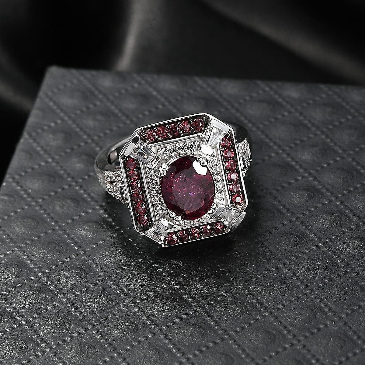 D'Joy Orissa Rhodolite Garnet and White Zircon 3.40 ctw Art Deco Ring in Rhodium Over Sterling Silver (Size 5.0) image number 1