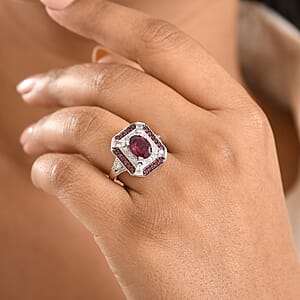 D'Joy Orissa Rhodolite Garnet and White Zircon 3.40 ctw Art Deco Ring in Rhodium Over Sterling Silver (Size 5.0)