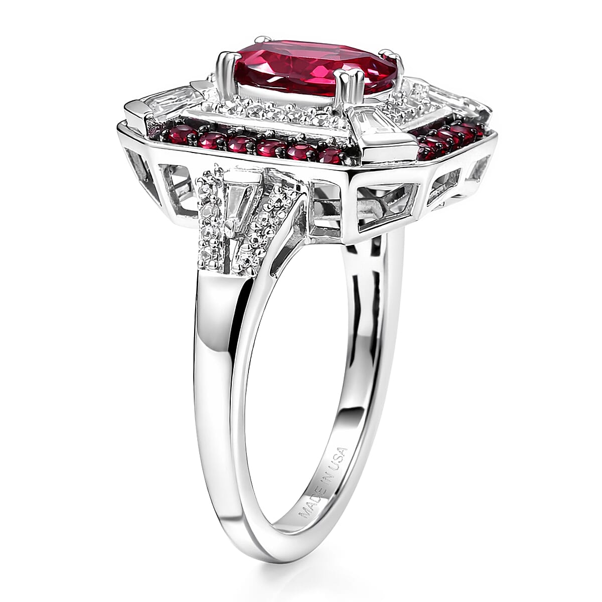D'Joy Orissa Rhodolite Garnet and White Zircon 3.40 ctw Art Deco Ring in Rhodium Over Sterling Silver (Size 5.0) image number 3
