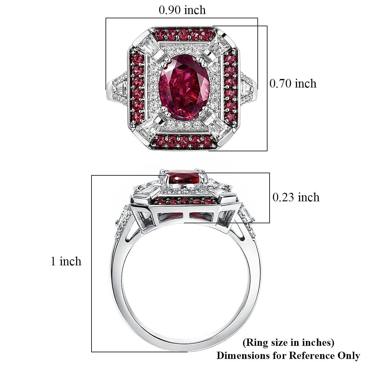 D'Joy Orissa Rhodolite Garnet and White Zircon 3.40 ctw Art Deco Ring in Rhodium Over Sterling Silver (Size 5.0) image number 5