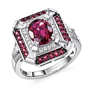 D'Joy Orissa Rhodolite Garnet and White Zircon 3.40 ctw Art Deco Ring in Rhodium Over Sterling Silver (Size 7.0)
