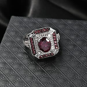 D'Joy Orissa Rhodolite Garnet and White Zircon 3.40 ctw Art Deco Ring in Rhodium Over Sterling Silver (Size 7.0)