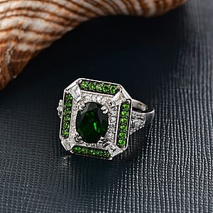 D'Joy Chrome Diopside and White Zircon 3.15 ctw Art Deco Ring in Rhodium Over Sterling Silver (Size 10.0)