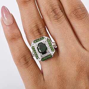 D'Joy Chrome Diopside and White Zircon 3.15 ctw Art Deco Ring in Rhodium Over Sterling Silver (Size 8.0)