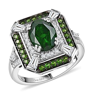 D'Joy Chrome Diopside and White Zircon 3.15 ctw Art Deco Ring in Rhodium Over Sterling Silver (Size 9.0)