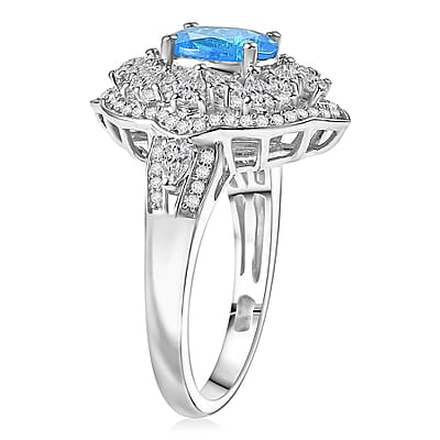 D'Joy Malgache Neon Apatite and White Zircon 3.30 ctw Regal Sky Sparkle Ring in Rhodium Over Sterling Silver (Size 6.0)