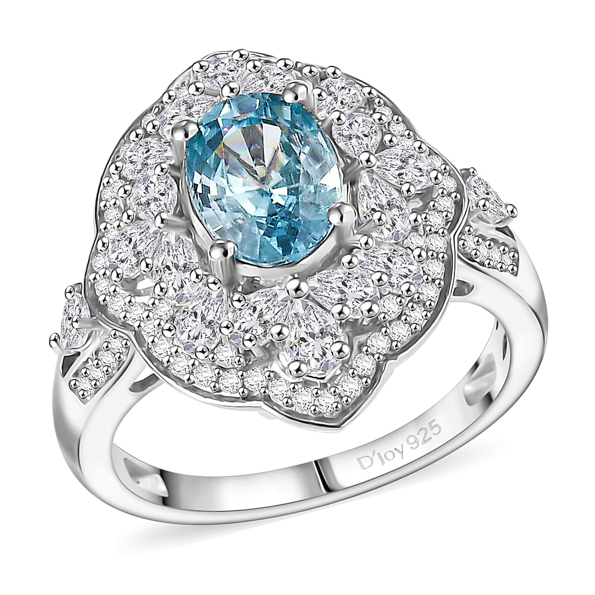 D'Joy Premium Cambodian Blue Zircon and White Zircon 3.70 ctw Regal Sky Sparkle Ring in Rhodium Over Sterling Silver (Size 10.0)