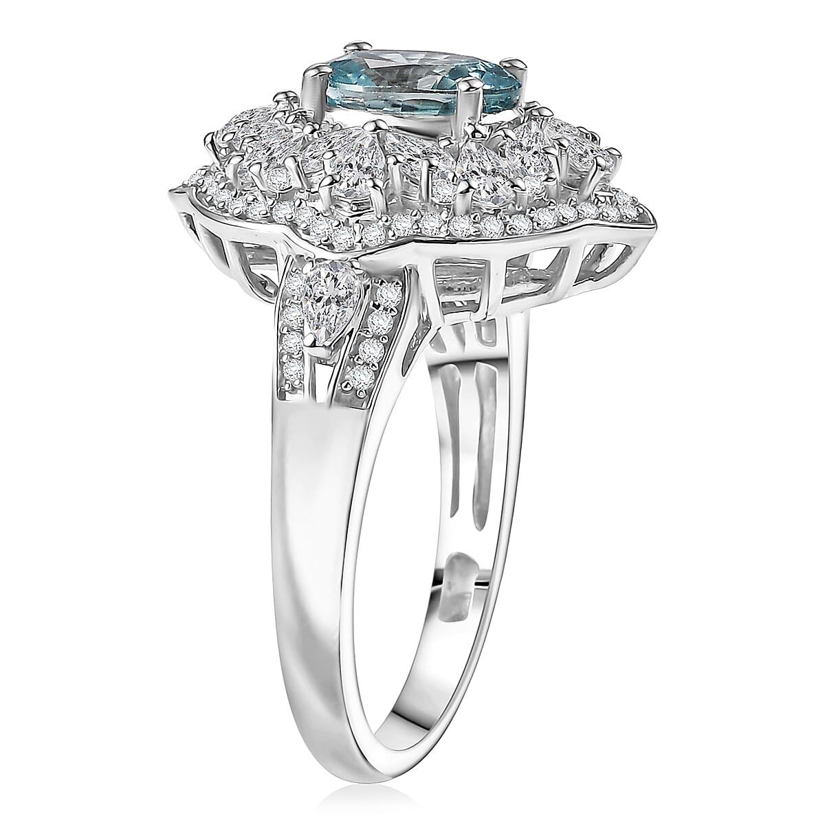 D'Joy Premium Cambodian Blue Zircon and White Zircon 3.70 ctw Regal Sky Sparkle Ring in Rhodium Over Sterling Silver (Size 10.0)