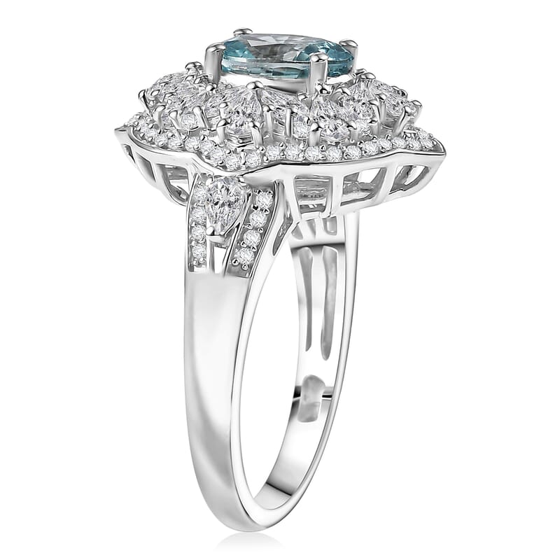 D'Joy Premium Cambodian Blue Zircon and White Zircon 3.70 ctw Regal Sky Sparkle Ring in Rhodium Over Sterling Silver (Size 10.0)