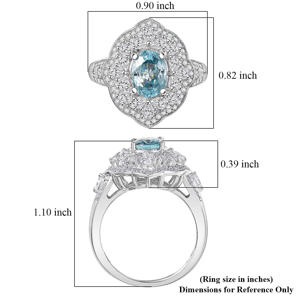D'Joy Premium Cambodian Blue Zircon and White Zircon 3.70 ctw Regal Sky Sparkle Ring in Rhodium Over Sterling Silver (Size 10.0)